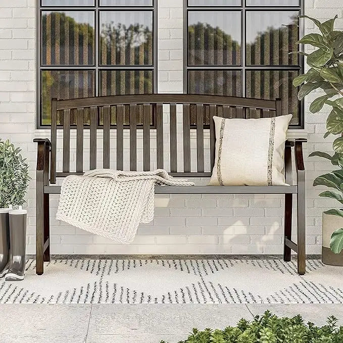 52" Farmhouse Outdoor Bench, Garden Bench with Faux Wood Grain Finish Frame and Aluminum Backrest, for Front Porch