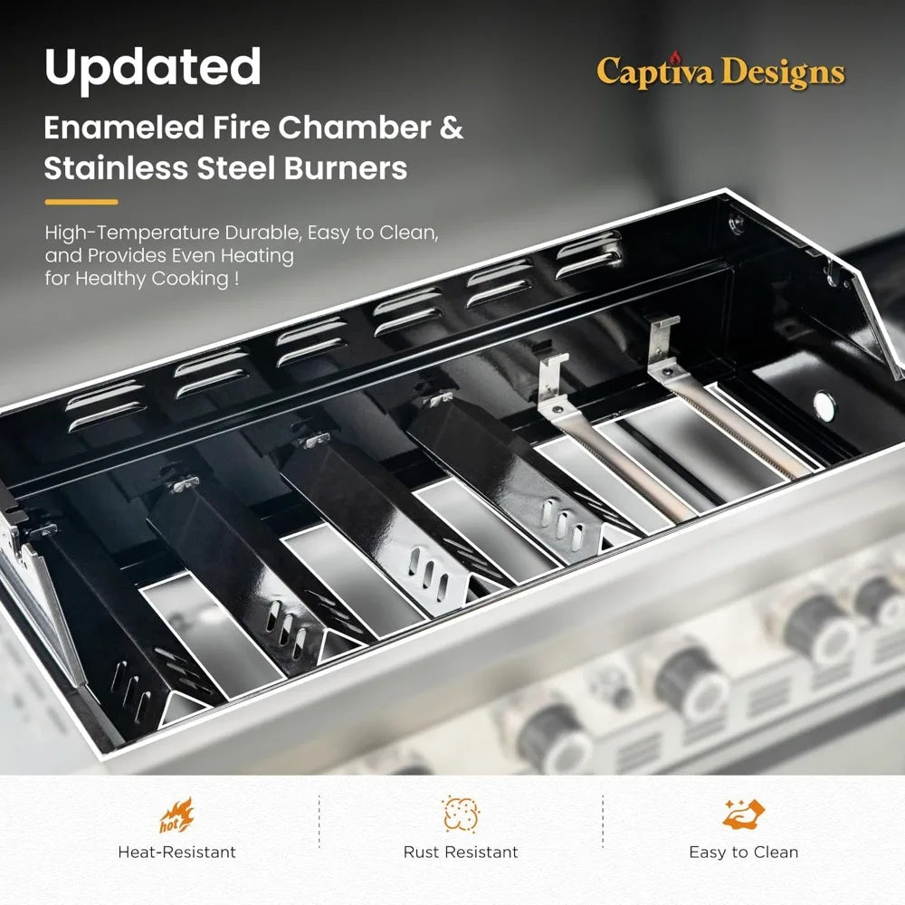 6-Burner Propane Gas BBQ Grill with Side Burner & Porcelain-Enameled Cast Iron Grate and Plate for Outdoor Barbucue Events, 52,