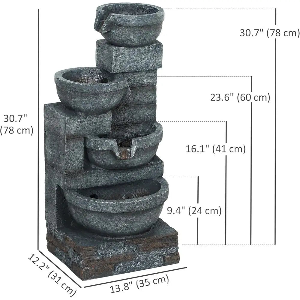 Gray 4-Tier Resin Outdoor Waterfall Fountain with LED Lights, 30 Tall, Cascading Bowls, Pump Included