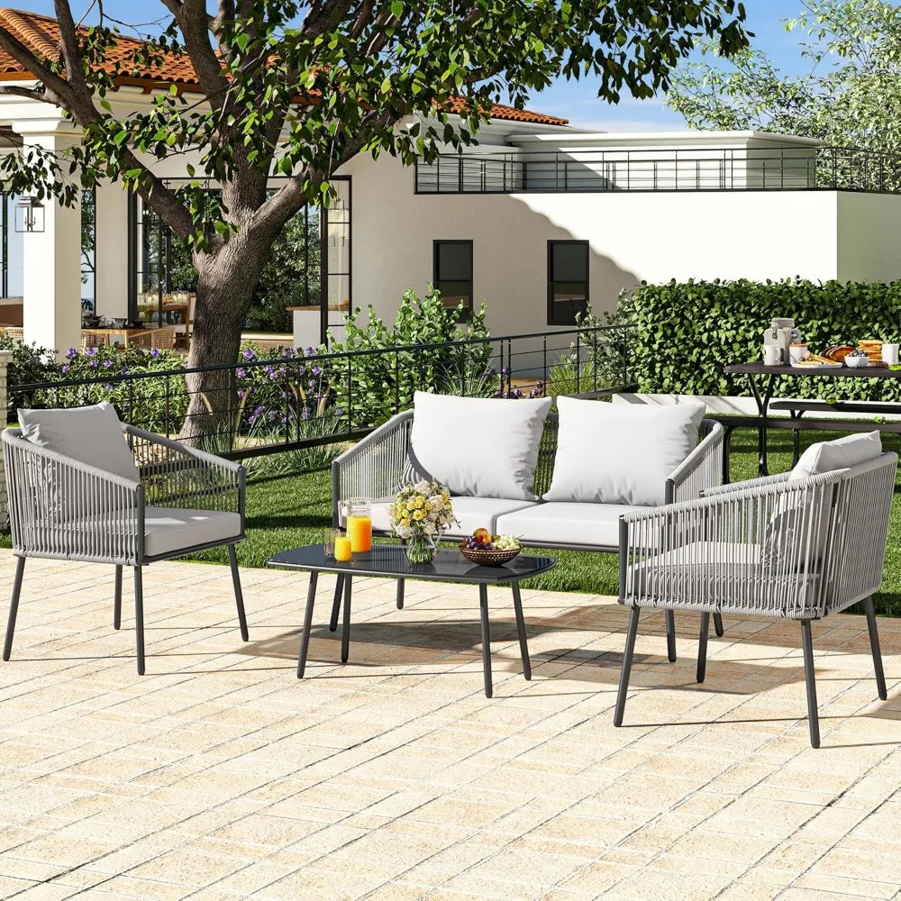 4-Piece Patio Furniture Wicker Outdoor Bistro Set, All Weather Rattan Loveseat Gray Rope Conversation Sets with Soft Cushions a
