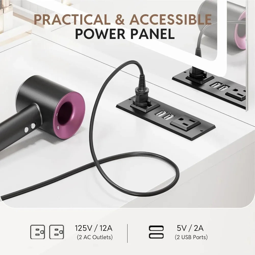 Modern White Makeup Vanity Set with LED Mirror Charging Station 4 Drawers Storage Stool 3-Foot Bedroom Desk