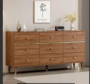 Drawer Dresser, Wide Mid Century Modern Chest of Drawers, Wooden Bedroom Drawer Dresser with 9 Storage Drawers for Bedroom, L