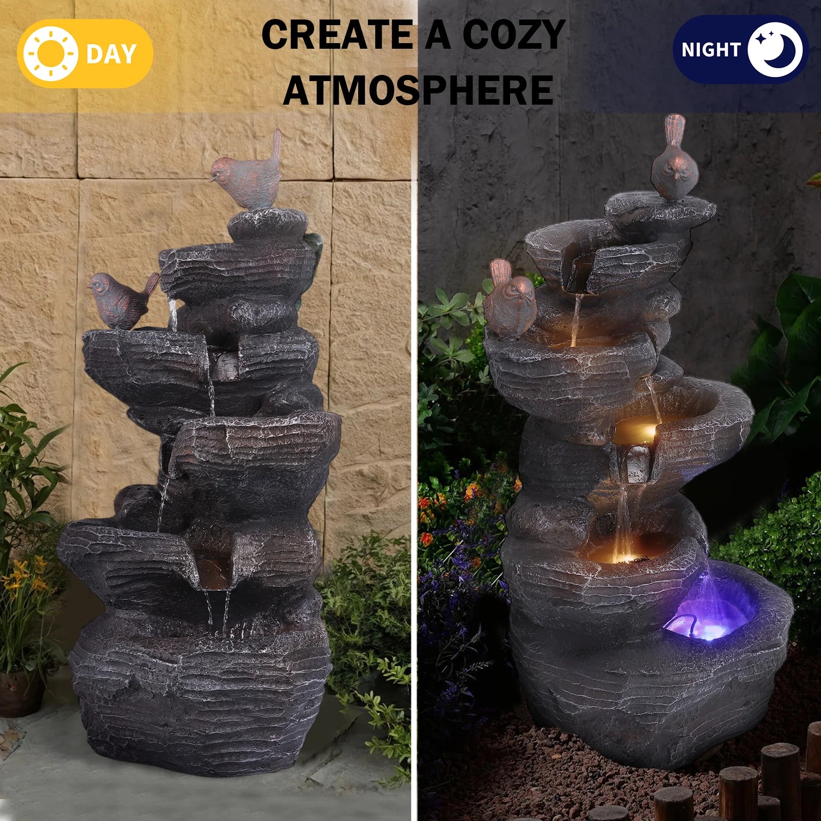 Cascading Rock Water Fountain with LED Lights Resin Stone Imitation Waterfall Tabletop Water Fountain for Home and Office Decor
