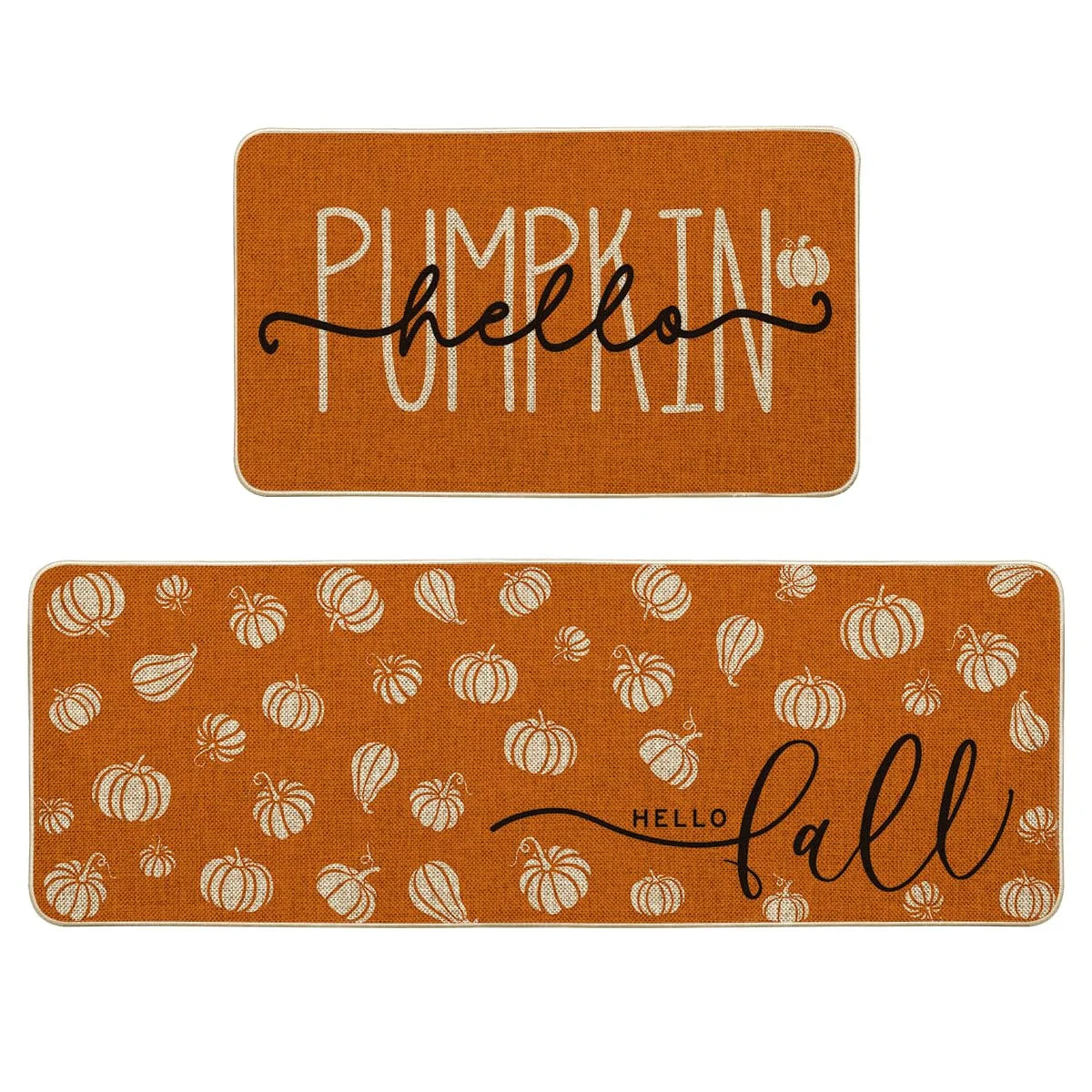 VIKAMA Orange Hello Pumpkin Fall Kitchen Mats Set of 2 Autumn Home Decor Low-Profile Kitchen Rugs for Floor