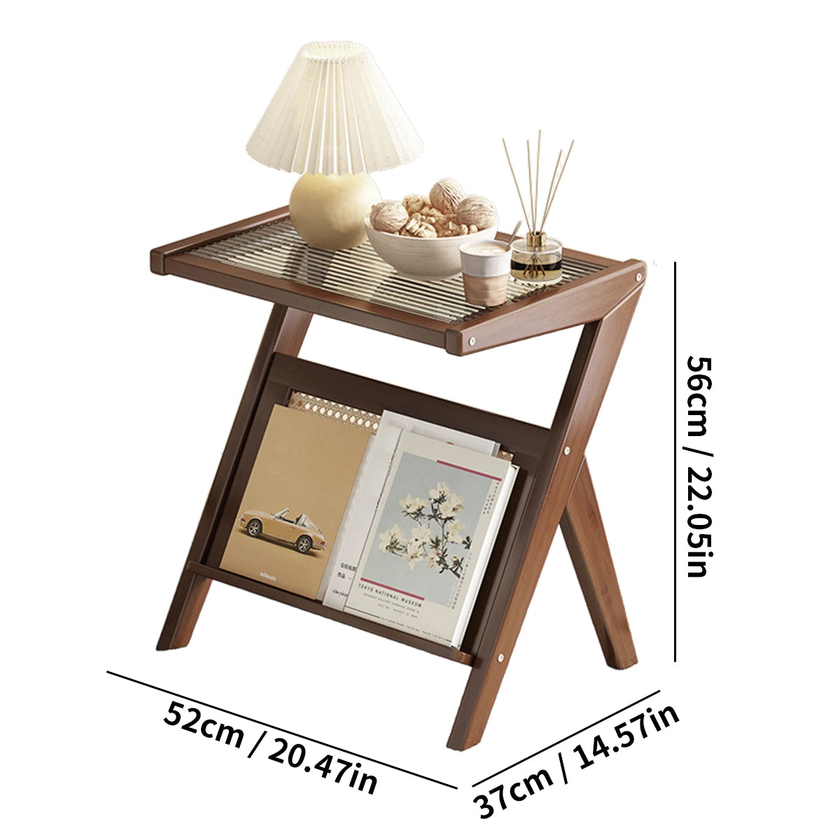 Compact Acrylic-Top Rattan Nightstand Bamboo Storage Shelves Boho Bedroom/Living Room Coffee Table Set
