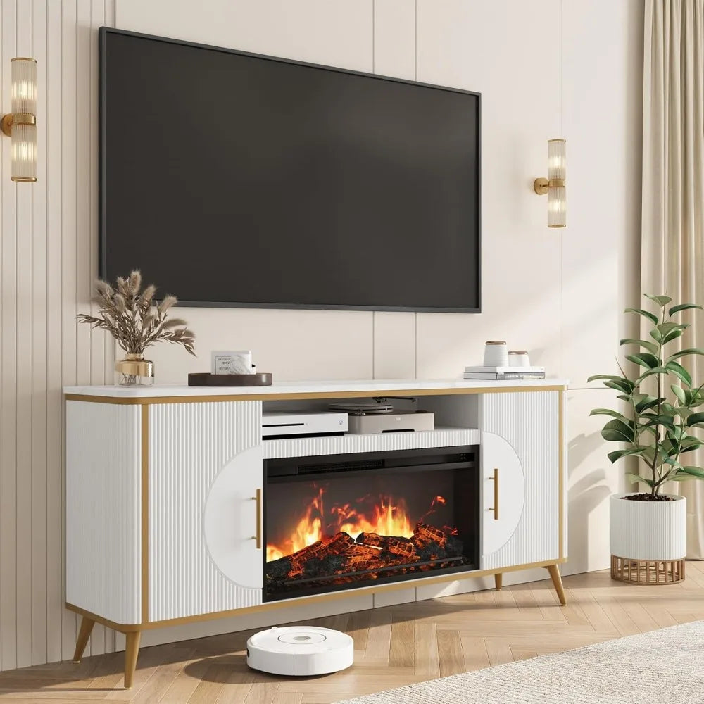 Modern Fluted Fireplace TV Stand for up to 80'' TVs with 30'' Electric Fireplace Luxury Media Console Adjustable Entertainment