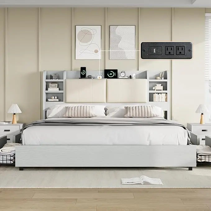 Grey King Size Upholstered Bed Frame with Bookcase Headboard – 4 Drawers & Hidden Storage