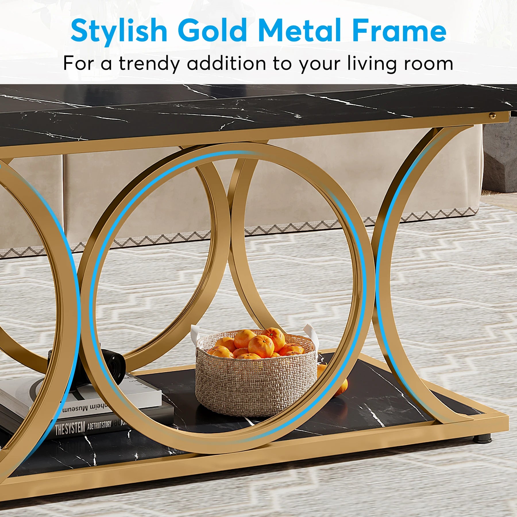 Rectangular Modern Coffee Table – 47.24” 2-Tier Faux Marble & Wood Center Table