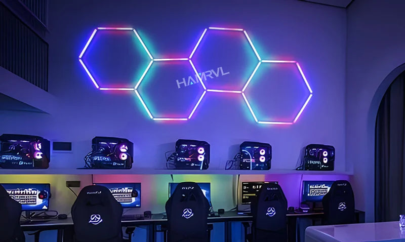 RGB Hexagon LED Garage Light - Hexagon panel light with multi changing music synchronization suitable for gym gaming room party