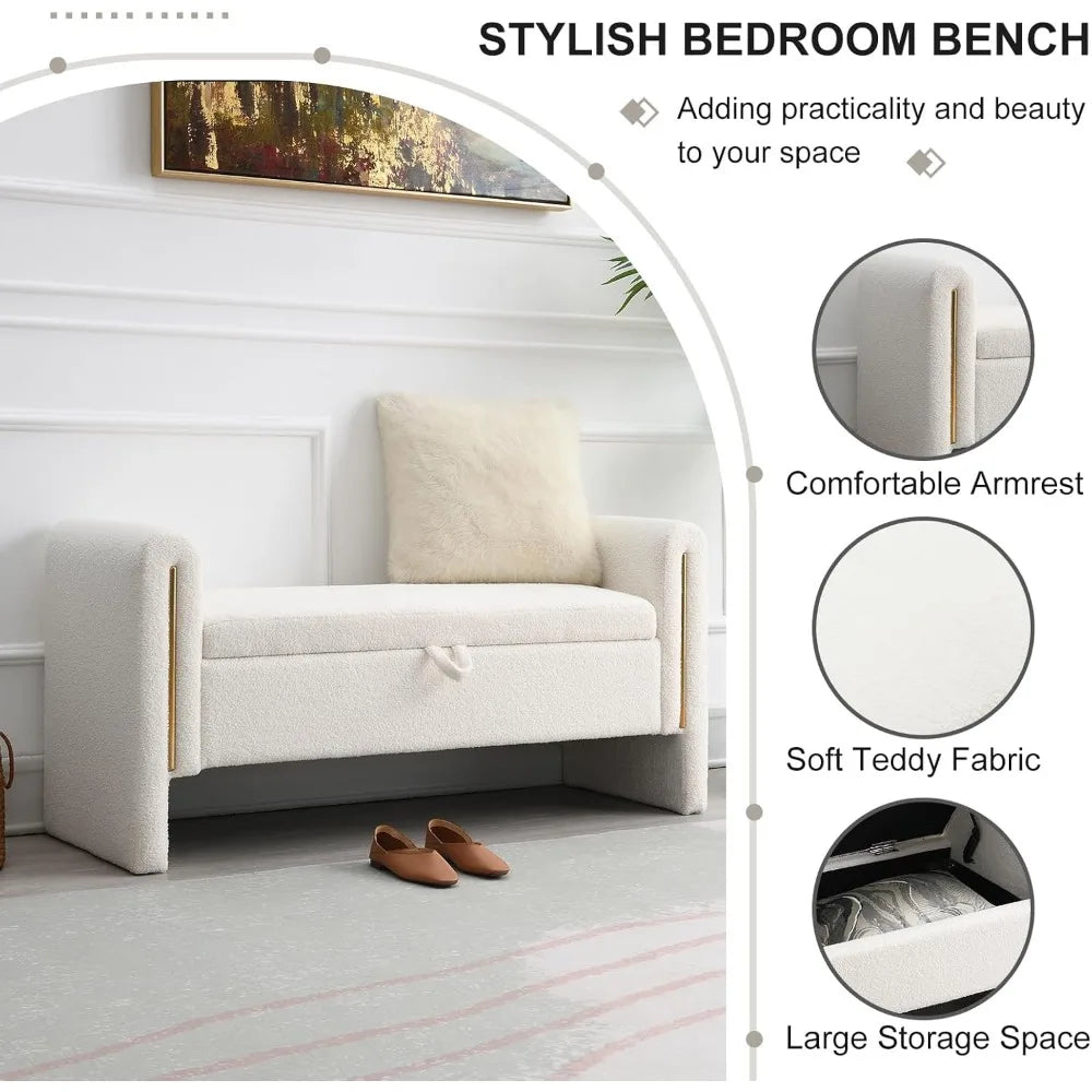 Teddy Upholstered Storage Ottoman Bench – 52″ with Armrests & Pull Ring