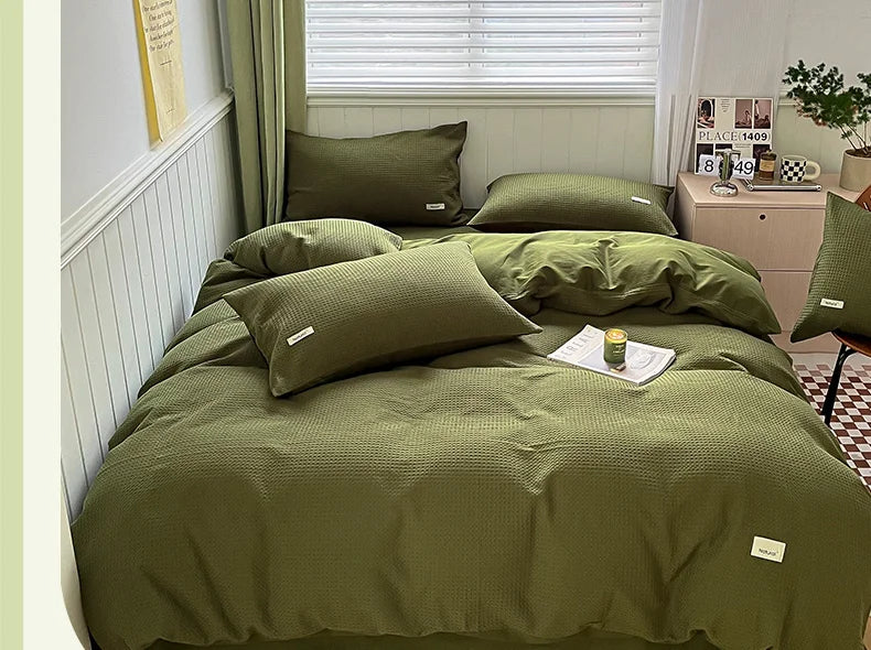 Simple Waffle Jacquard 100% Cotton Bedding Set Soft Comfortable Queen Duvet Cover Set with Sheets Quilt Cover and Pillowcases