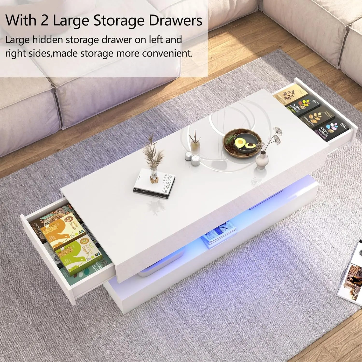Modern LED Coffee Table with Double-Layer Design & Dual Storage Drawers