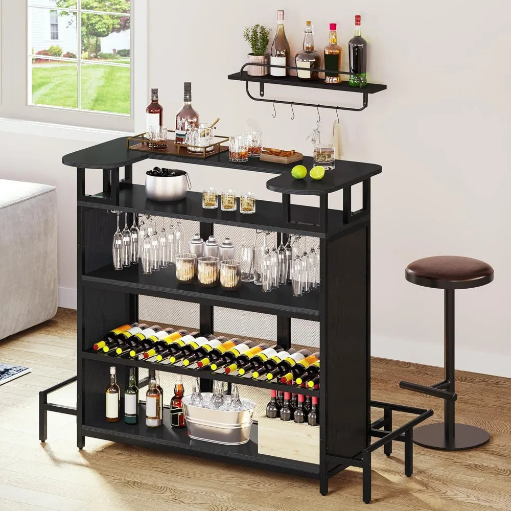 Mini Home Bar Unit – Tall Bar Table with Wine Rack & Music-Sensing LED Lights