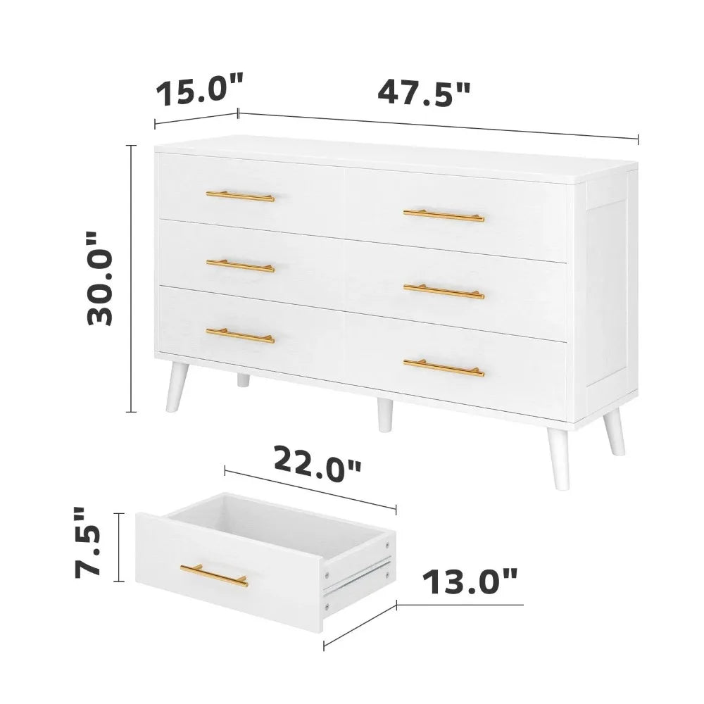 6 Drawer Dresser, Gold Metal Handle, Double Layer Wooden Storage Cabinet for Bedroom Living Room, White