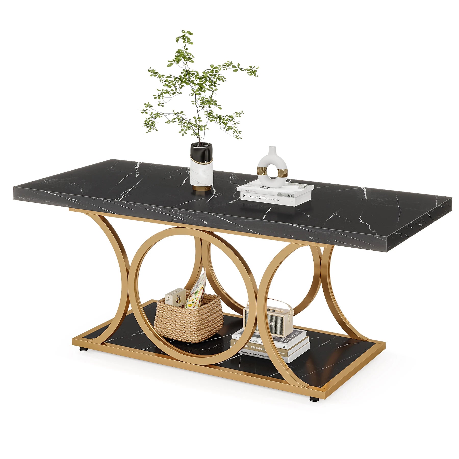 Rectangular Modern Coffee Table – 47.24” 2-Tier Faux Marble & Wood Center Table