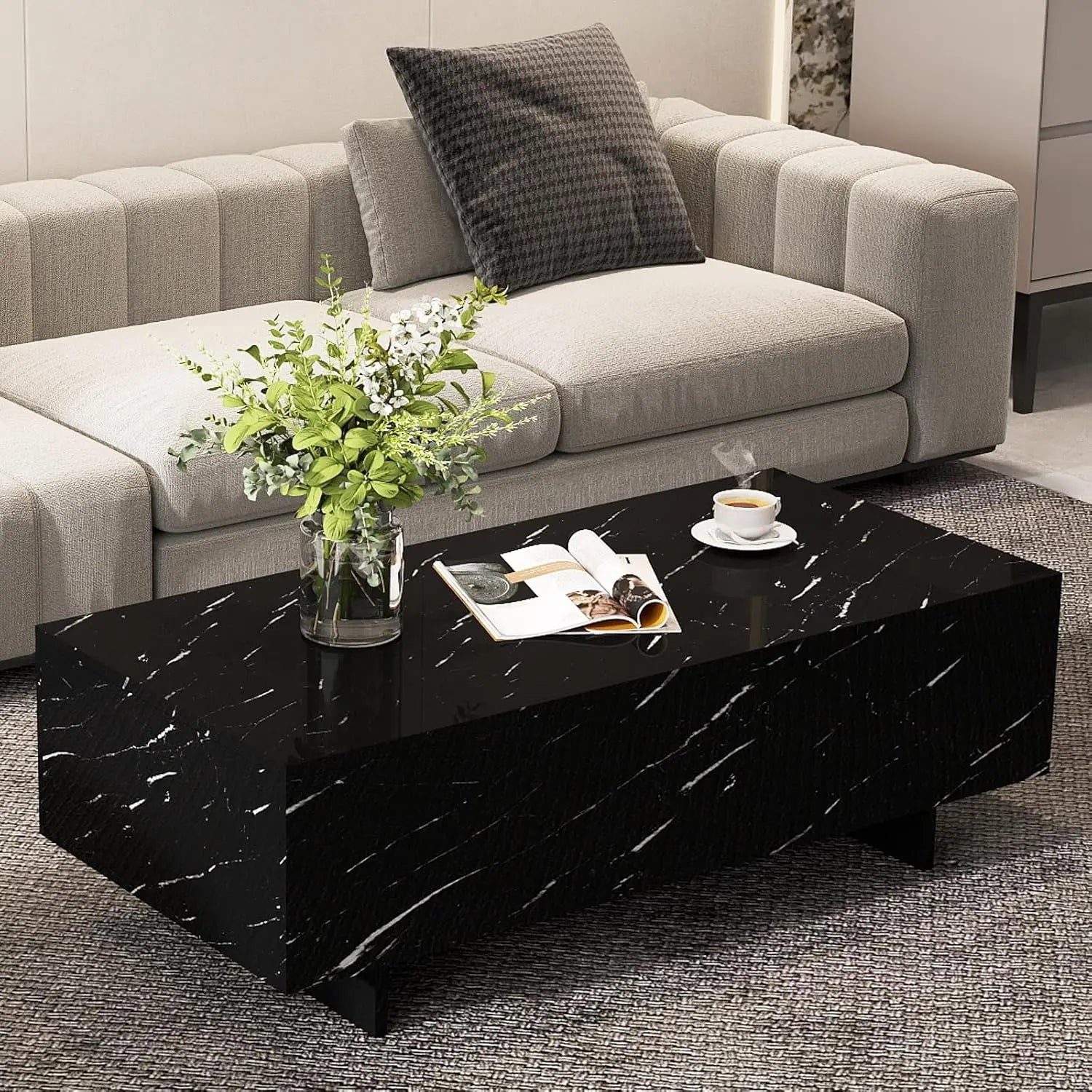 Modern Marble Coffee Table – 41.3” Rectangular High-Gloss Center Table for Living Room