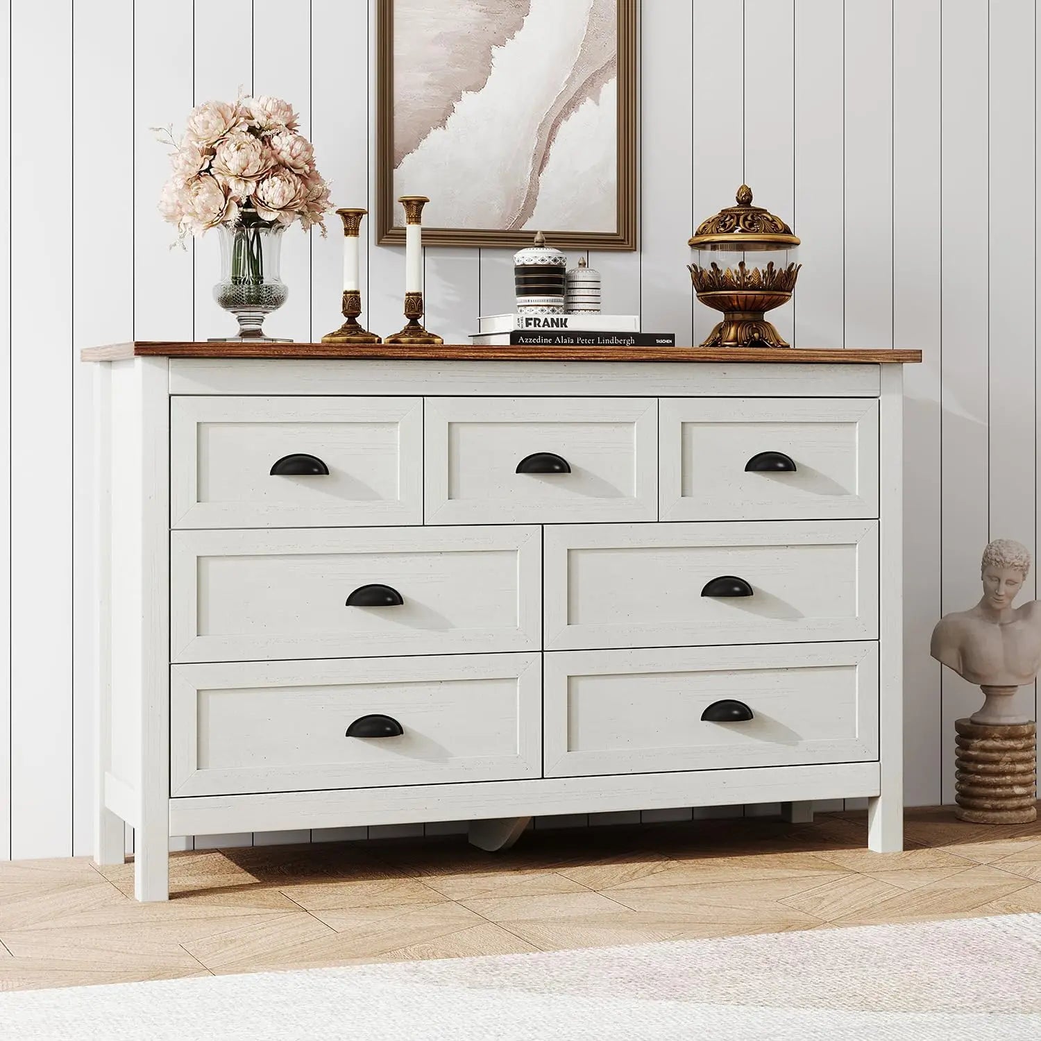 Farmhouse White Dresser for Bedroom, Wide Wood Dressers & Chests of Drawers with Vintage Black Handle, 7 Drawer Dresser