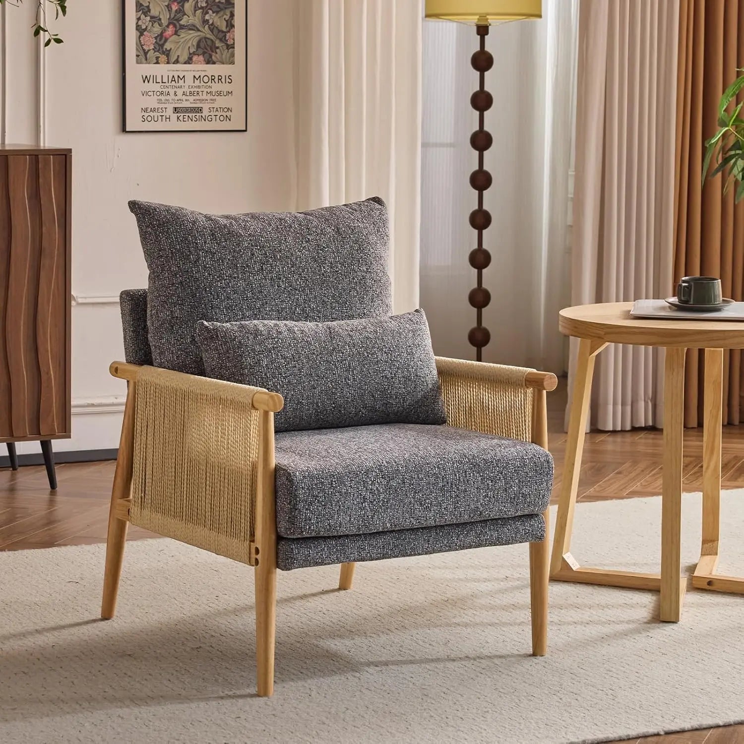 Boho Braid Accent Armchair – Mid-Century Modern Lounge Chair with Waist Pillow