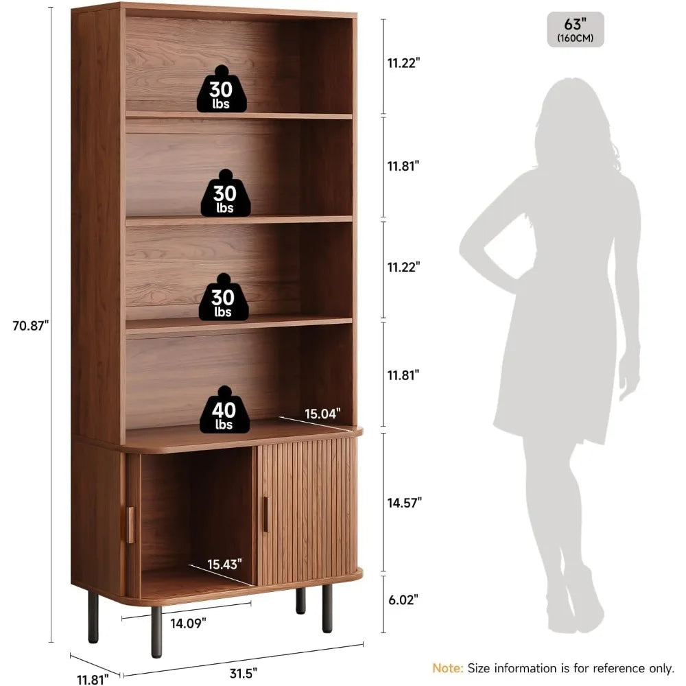 71″ Tall 4-Tier Bookshelf with Storage Cabinet & Sliding Door