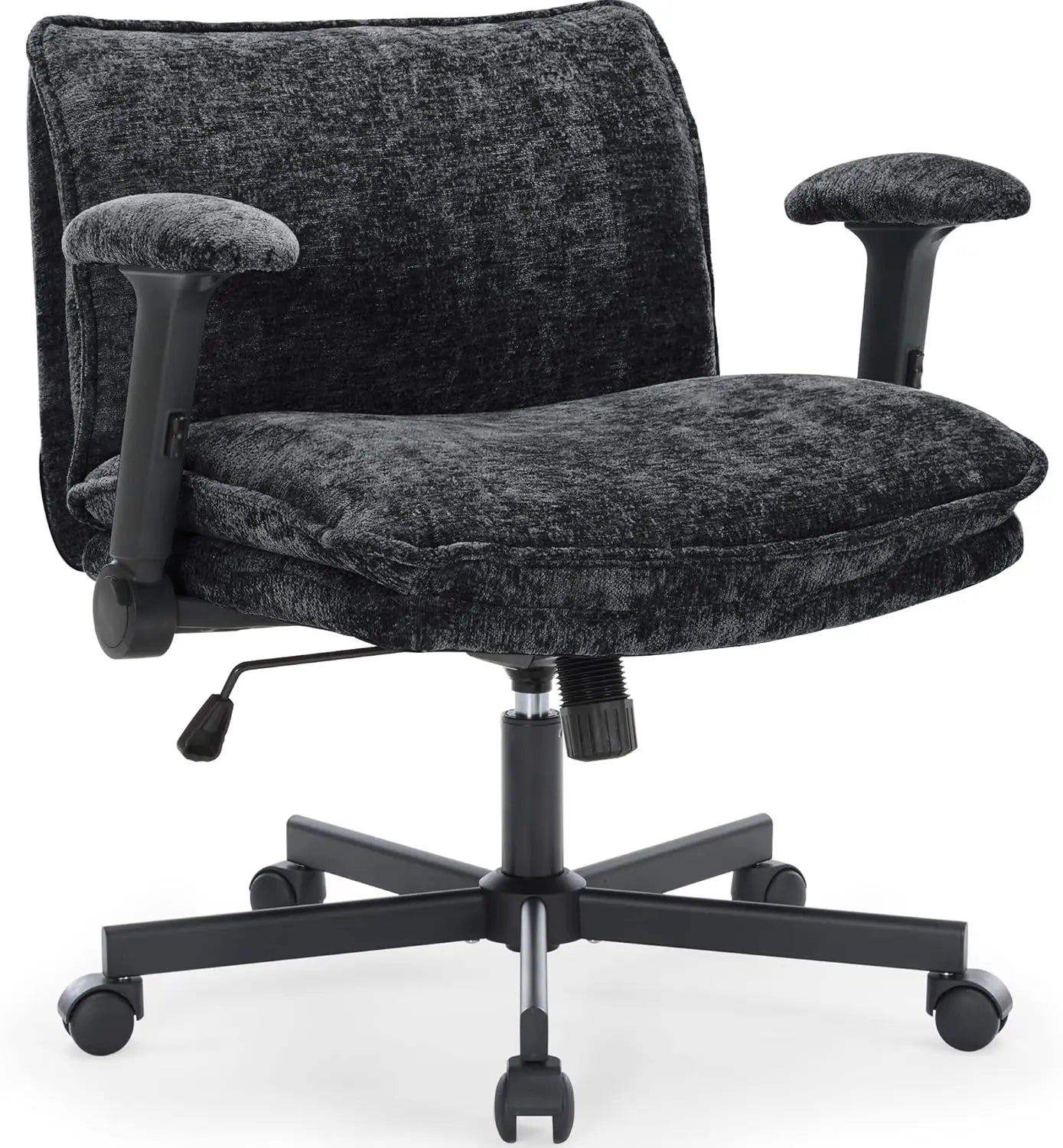 Cross Legged Office Chair with Wheels and Adjustable Flip-Arms, Criss Cross Chair with Thick Cushion, Wide Seat Office Chair