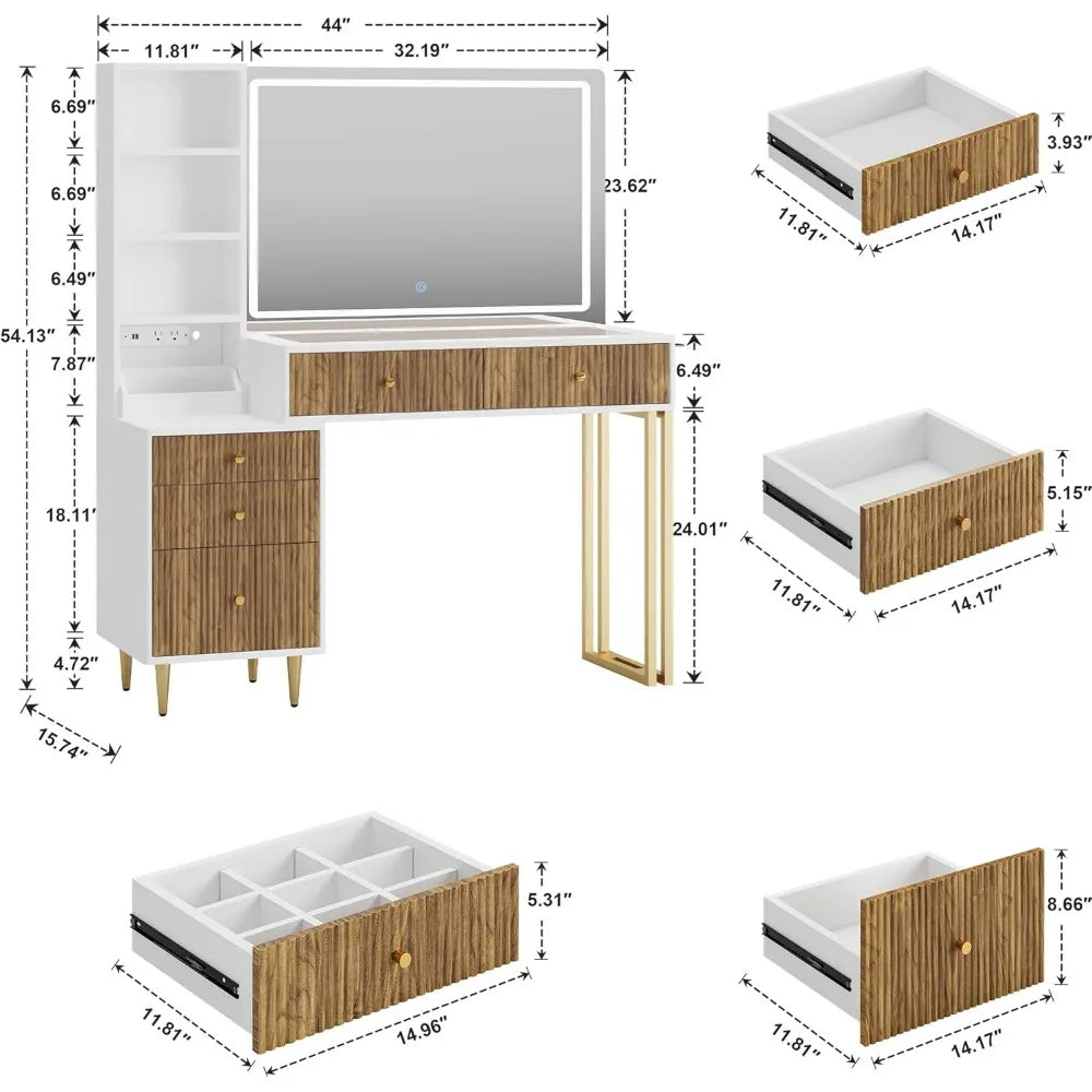 Fluted Vanity Desk with 32'' HD Mirror and Lights, 44''/w Modern Glass Top Makeup Vanity Table with Drawers & Charging Station,