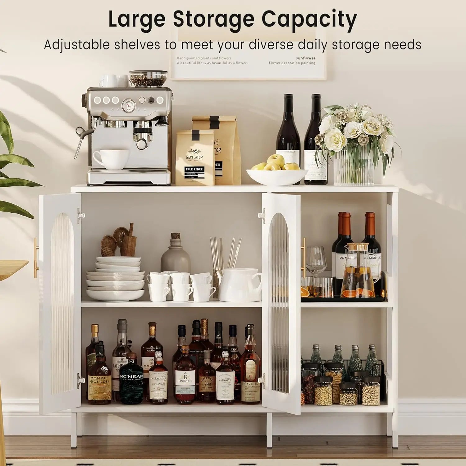 Wooden Buffet Sideboard Cabinet – Storage Cabinet with Glass Doors & Adjustable Shelves