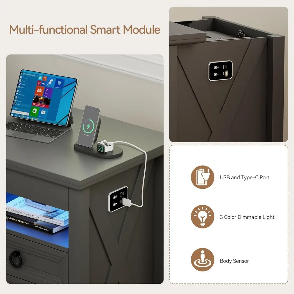 Farmhouse Nightstand with Gun Drawer | Human Sensor LED Bedside Table