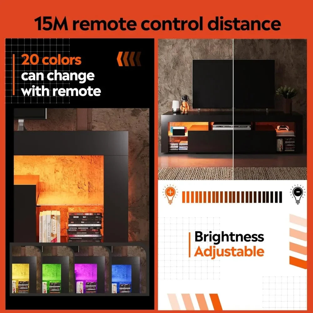 63 Inch TVs Stand, LED Entertainment Center for 60 To 70 Inch TV, Modern TV Console with 2 Drawers, TVs Stands