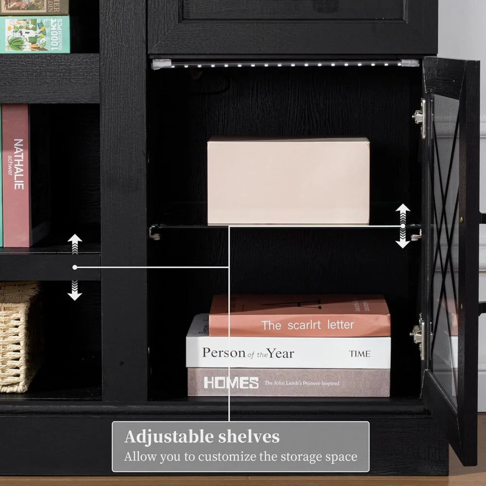 70 Inch Farmhouse TV Stand Table for 75 80 inch TV, Modern Entertainment Center with LED Lights and Glass Doors, Wooden