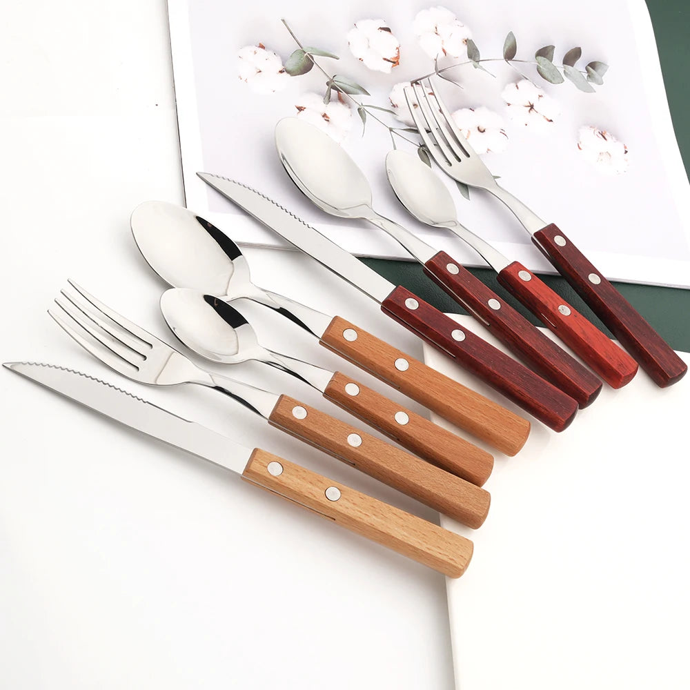 6/24Pcs 304 Stainless Stee Cutlery Set Luxury Wooden Handle Dinnerware Flatware Set Kitchen Western Knife Spoon Fork Tableware