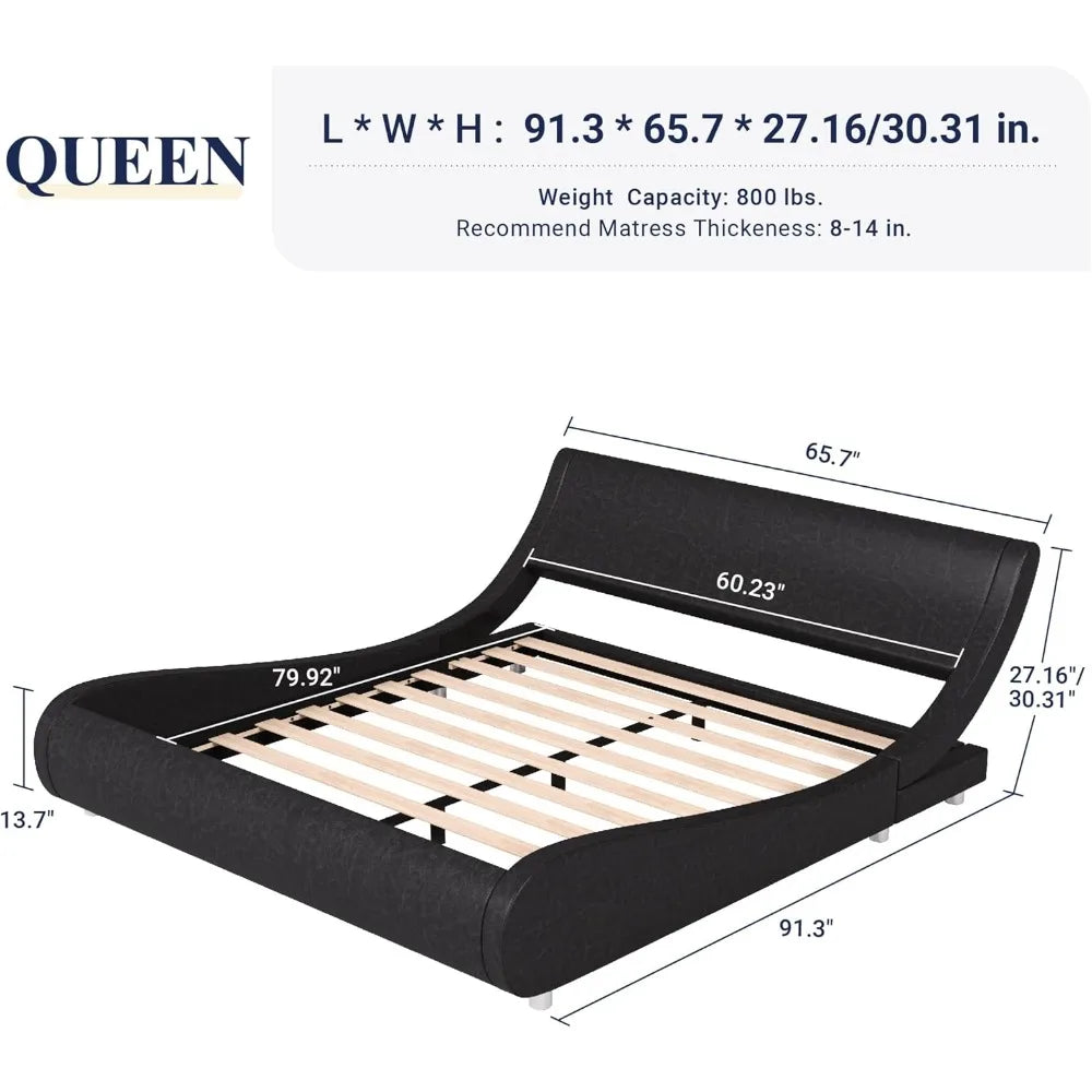 Upholstered Queen Size Platform Bed Frame – Modern Low Profile Sleigh Bed with Adjustable Faux Leather Headboard