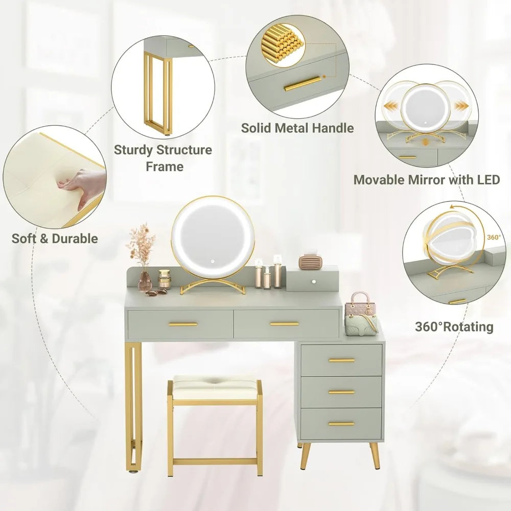 vanity desk with mirror and lights, modern makeup vanity table set with 6 storage drawers and cushioned stool for bedroom, dress