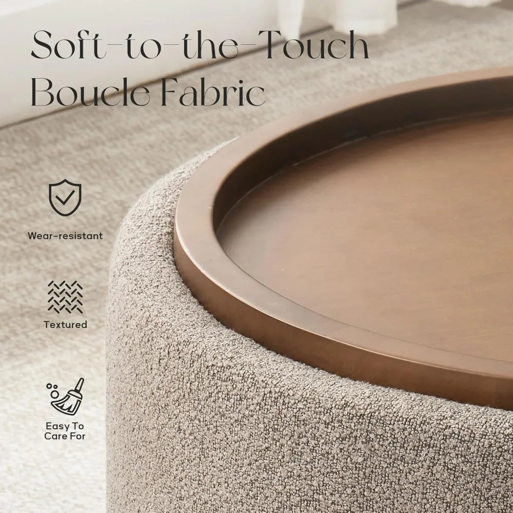 30” Round Boucle Storage Ottoman – Lift-Off Lid Coffee Table with Solid Wood Legs
