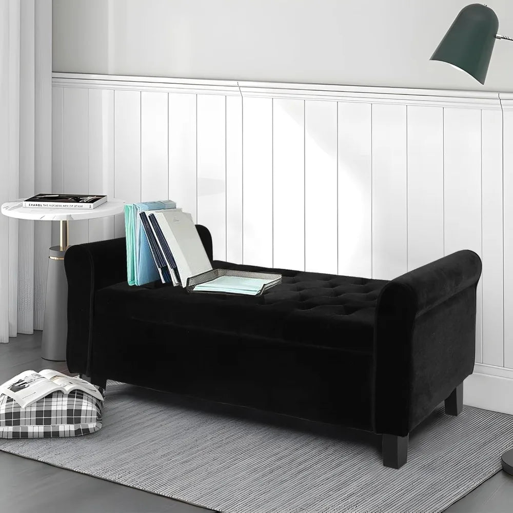 Velvet Upholstered Storage Ottoman Bench – Black Button-Tufted with Arms