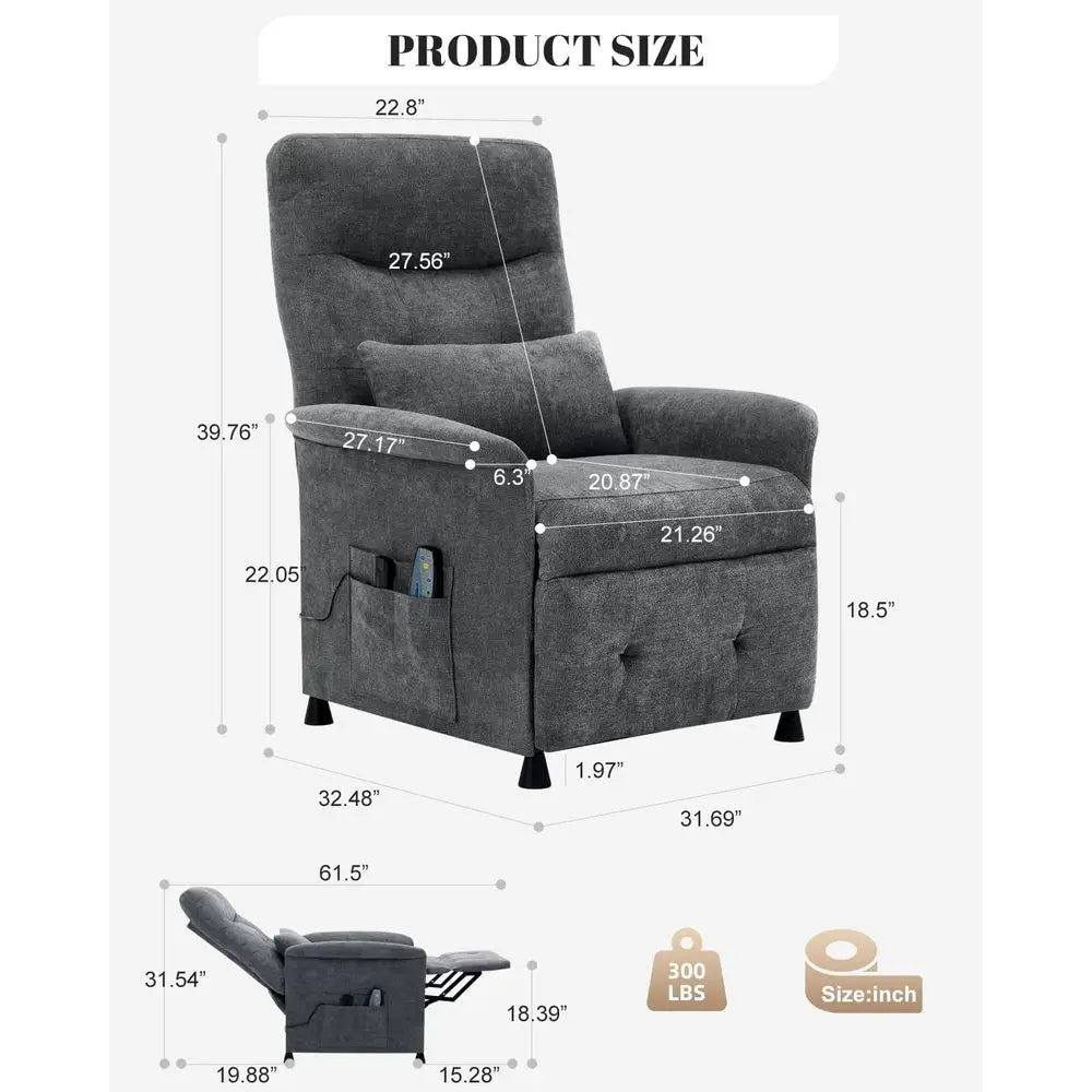 Premium Gray Heated Massage Vibration Electric Reclining Sofa with Side Pocket and Remote for Adult Living Room or Home Theater