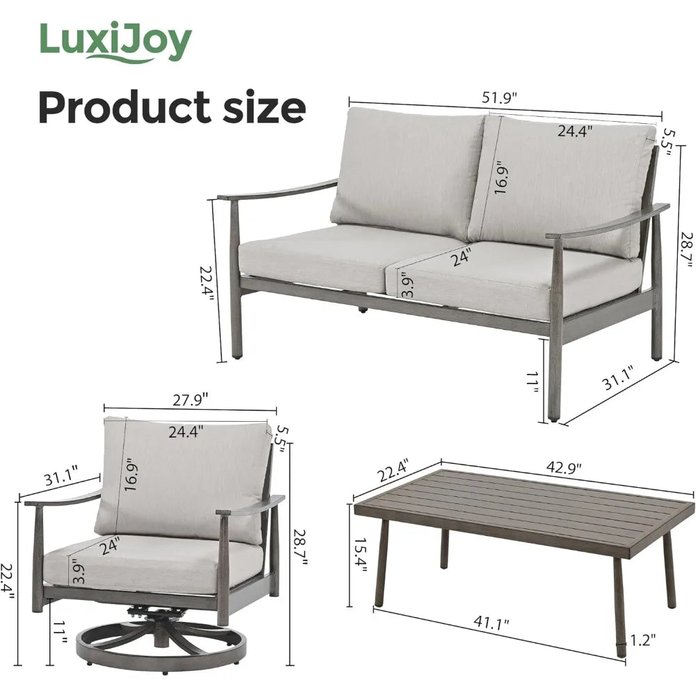 4 Pieces Patio Furniture Set, Aluminum Outdoor Patio Furniture Sets, 2 Swivel Chairs and Loveseat with Thick Cushion, Patio Conv