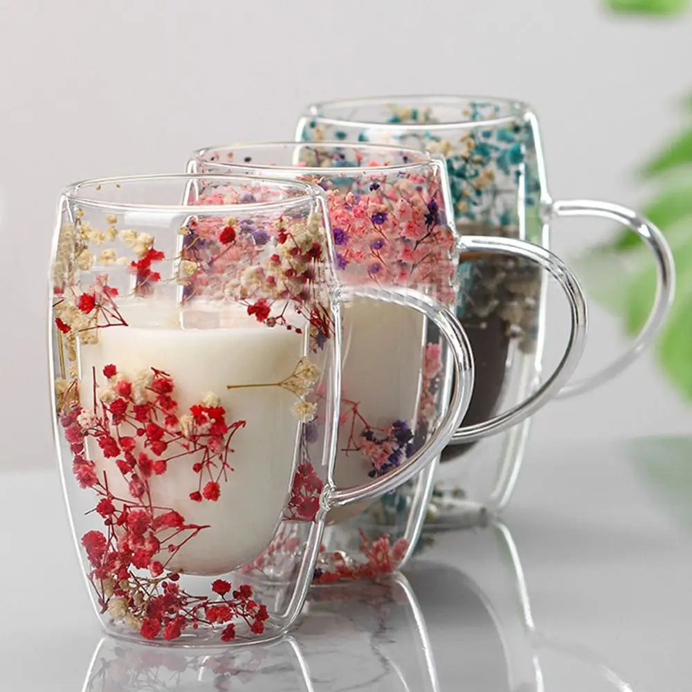 350ml Dried Flowers Glass Mugs with Handle Simple Elegant Double Wall Glass Cup Creative Heat Resistant Coffee Mug Home&Office