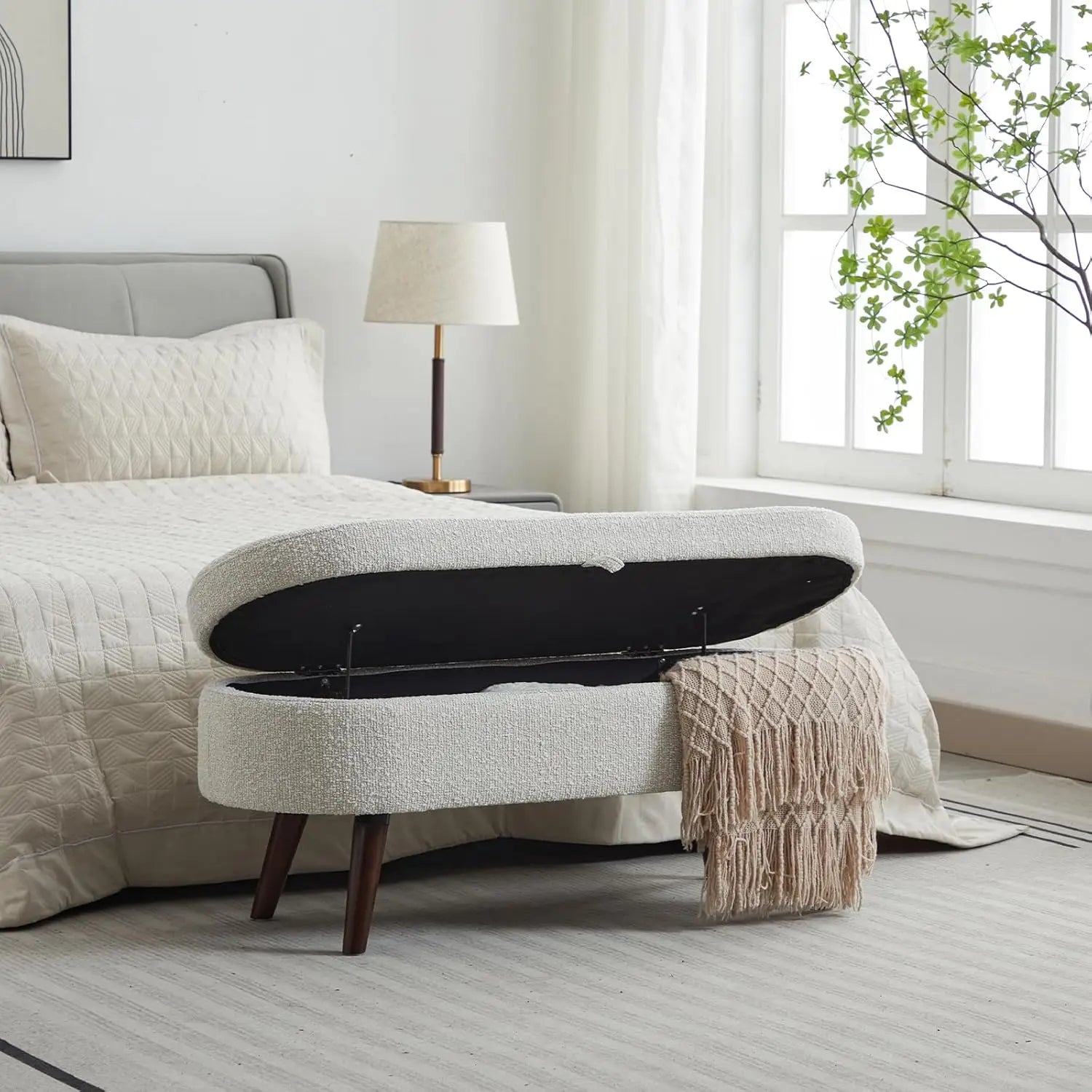 Bouclé Storage Ottoman Bench – 43.8″ Oval Flip-Top with Wood Legs