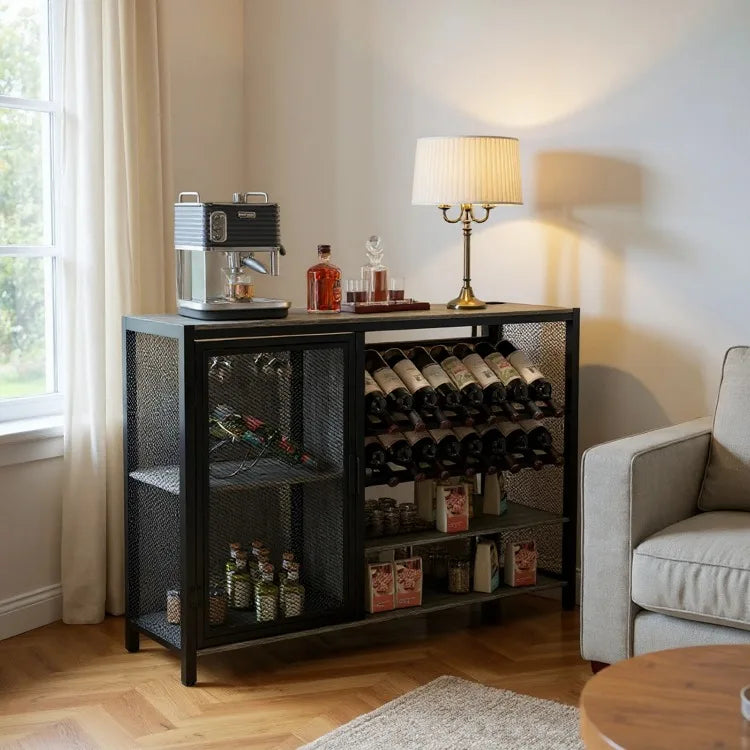Wooden Wine Cabinet – Beverage Bar Cabinet with Mesh Storage