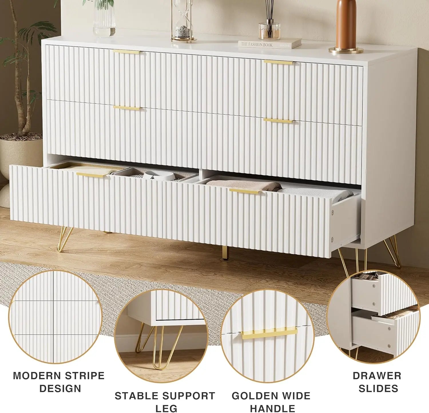 White Modern Dresser with Gold Handles, 47.2'W