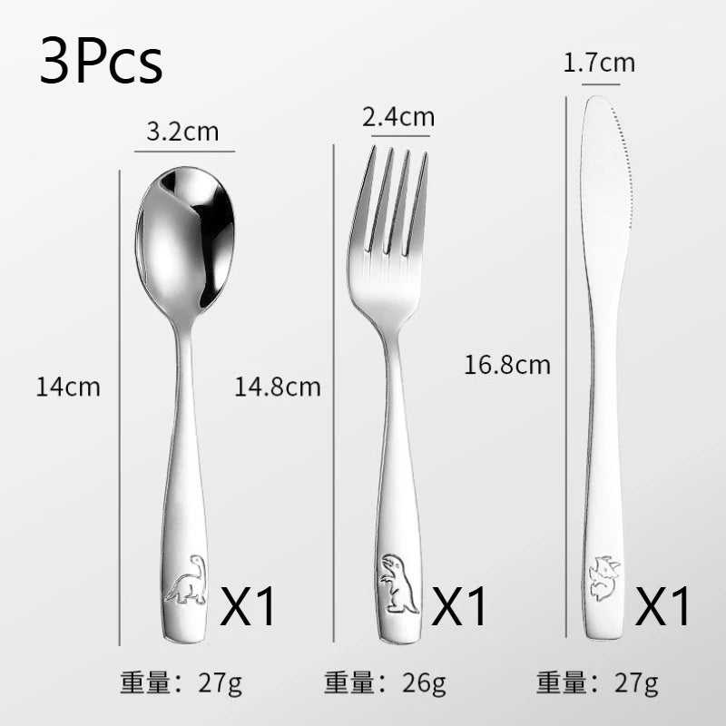 304 Stainless Steel Children's Tableware Set with Pieces Featuring Dinosaur Patterns, Affordable Including Knives Forks Spoons