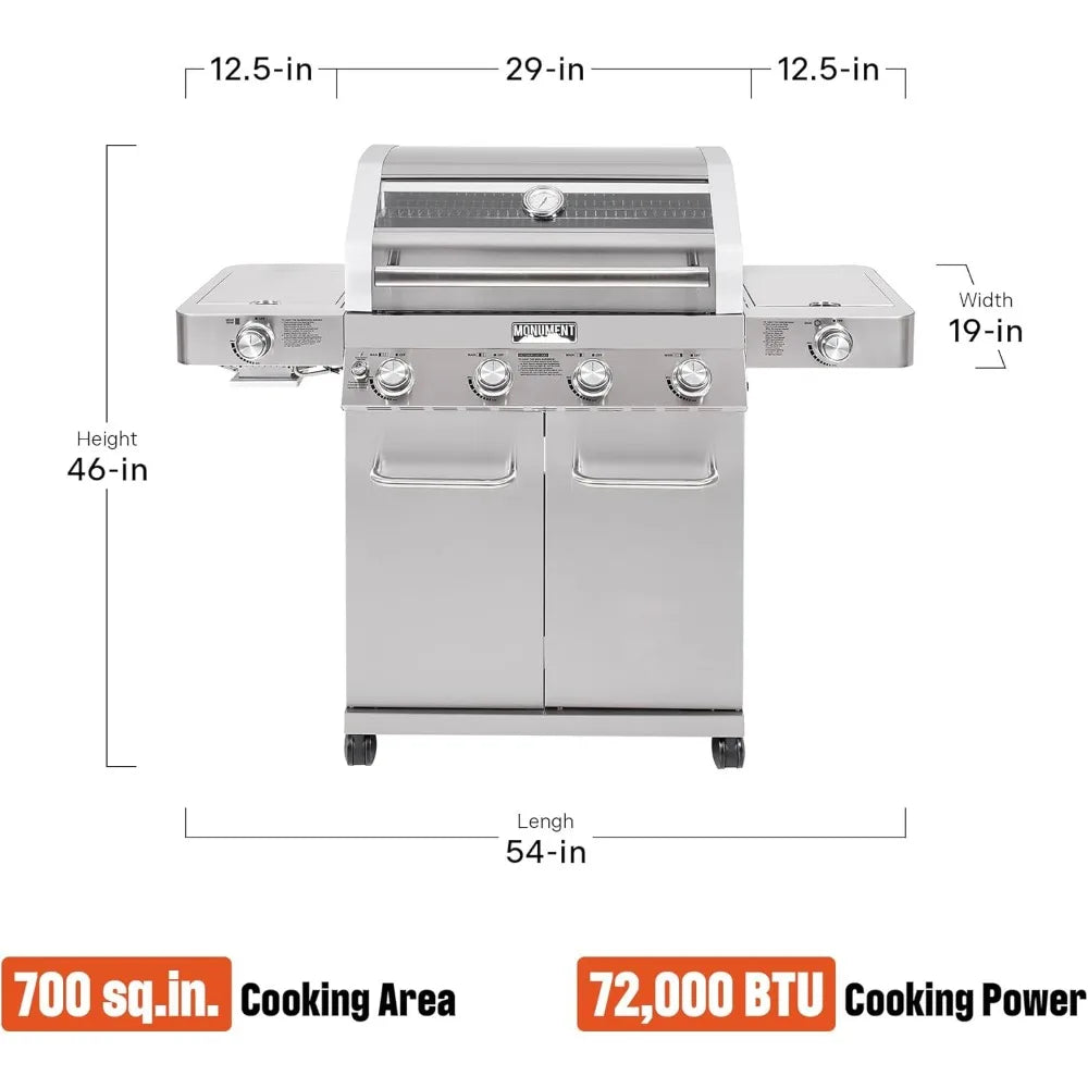 Stainless Steel 4-Burner Propane Gas Grill with Infrared Side Sear and Side Burners