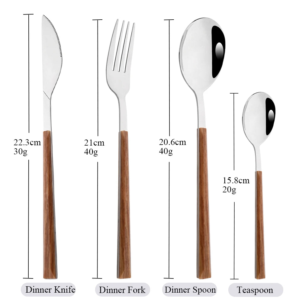 16Pcs Stainless Steel Cutlery Set Imitation Wooden Handle Western Tableware Brown Silver Knife Fork Spoon Kitchen Dinnerware Set