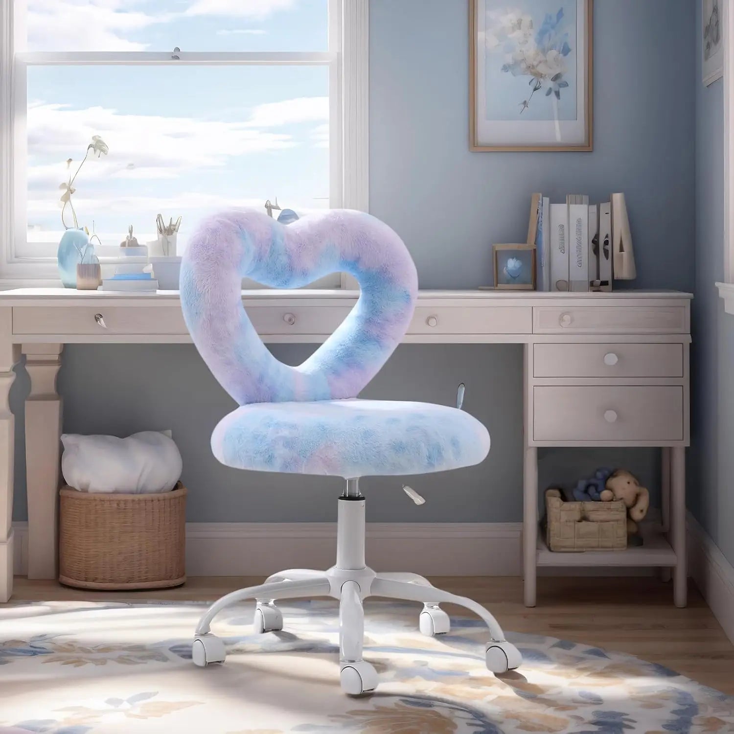 360’ Swivel Kids Chairs Computer Chairs with Wheels，Adjustable Heart Children Chair Study Upholstered Vanity Chai