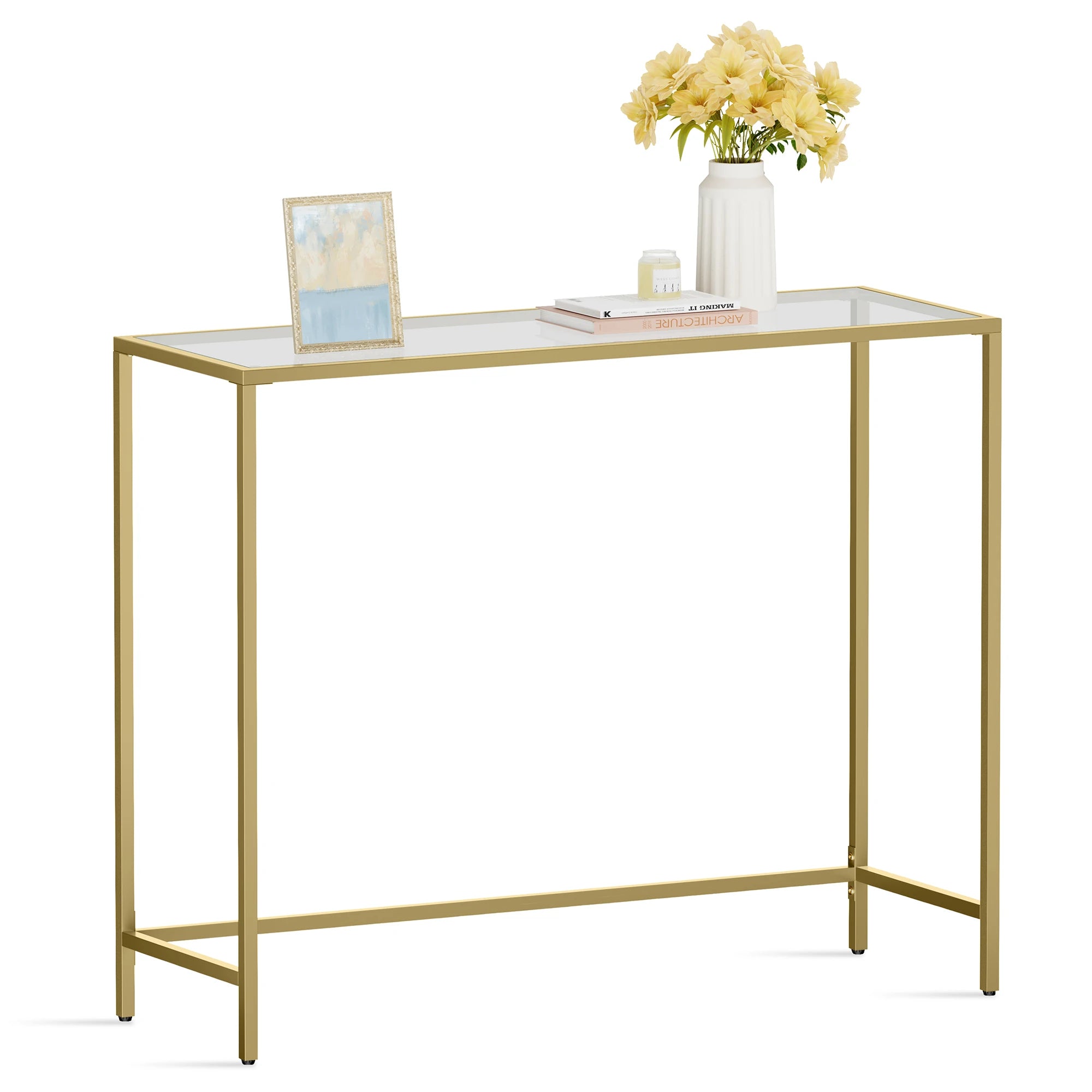 39.4 Inches Console Table, Tempered Glass Sofa Table, Modern Entryway Table, Metal Frame, Easy to Assemble