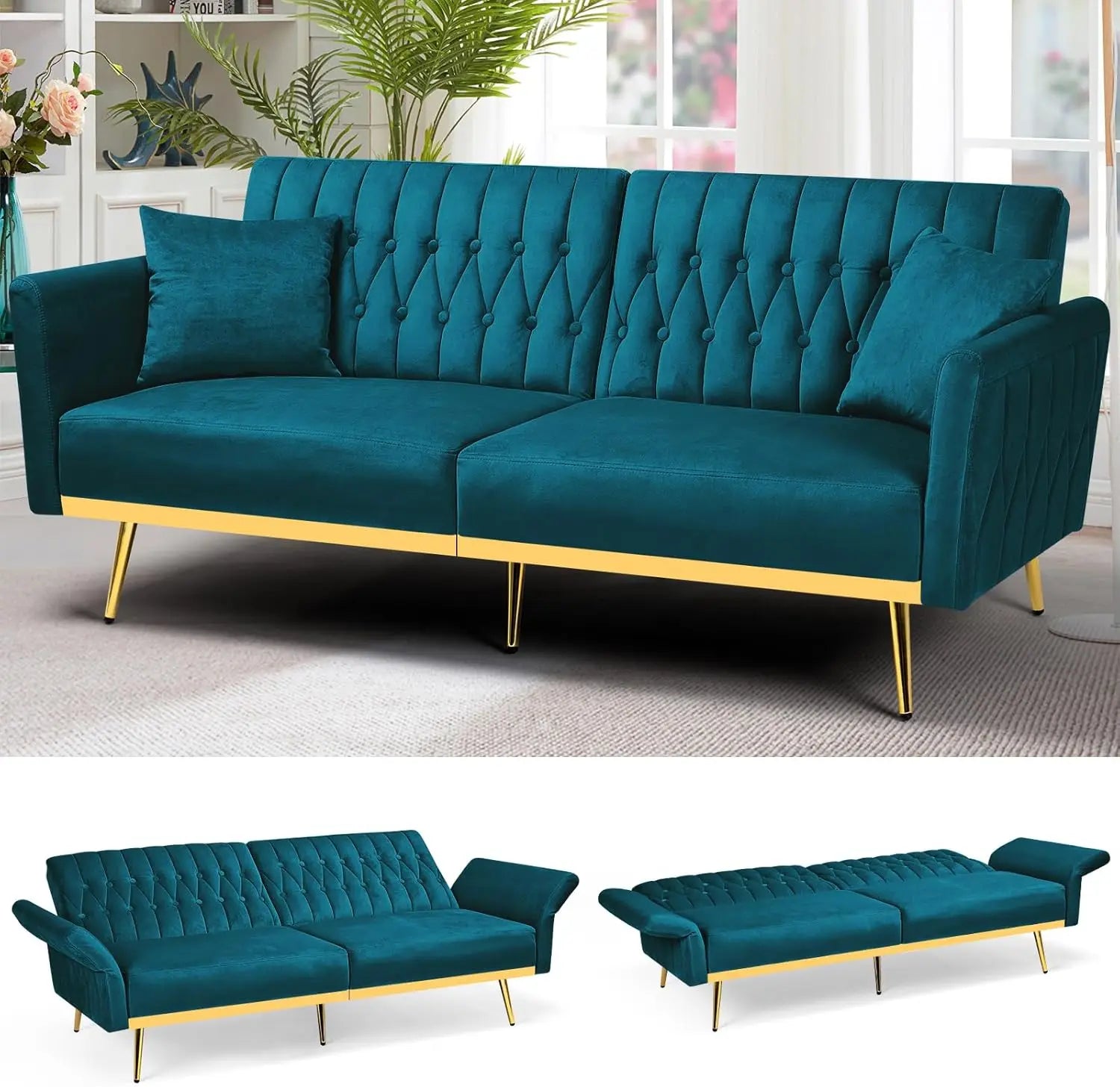 70' Velvet Futon Sofa Bed with Adjustable Armrests & Backrest, Convertible Sleeper Couch, Modern Futon with 2 Pillows, Teal