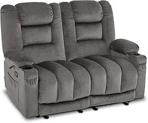 55.9" Power Loveseat Recliner with Heat and Vibration, Fabric Electric Loveseat Recliner, USB Charge Port, Cup Holders for Livi