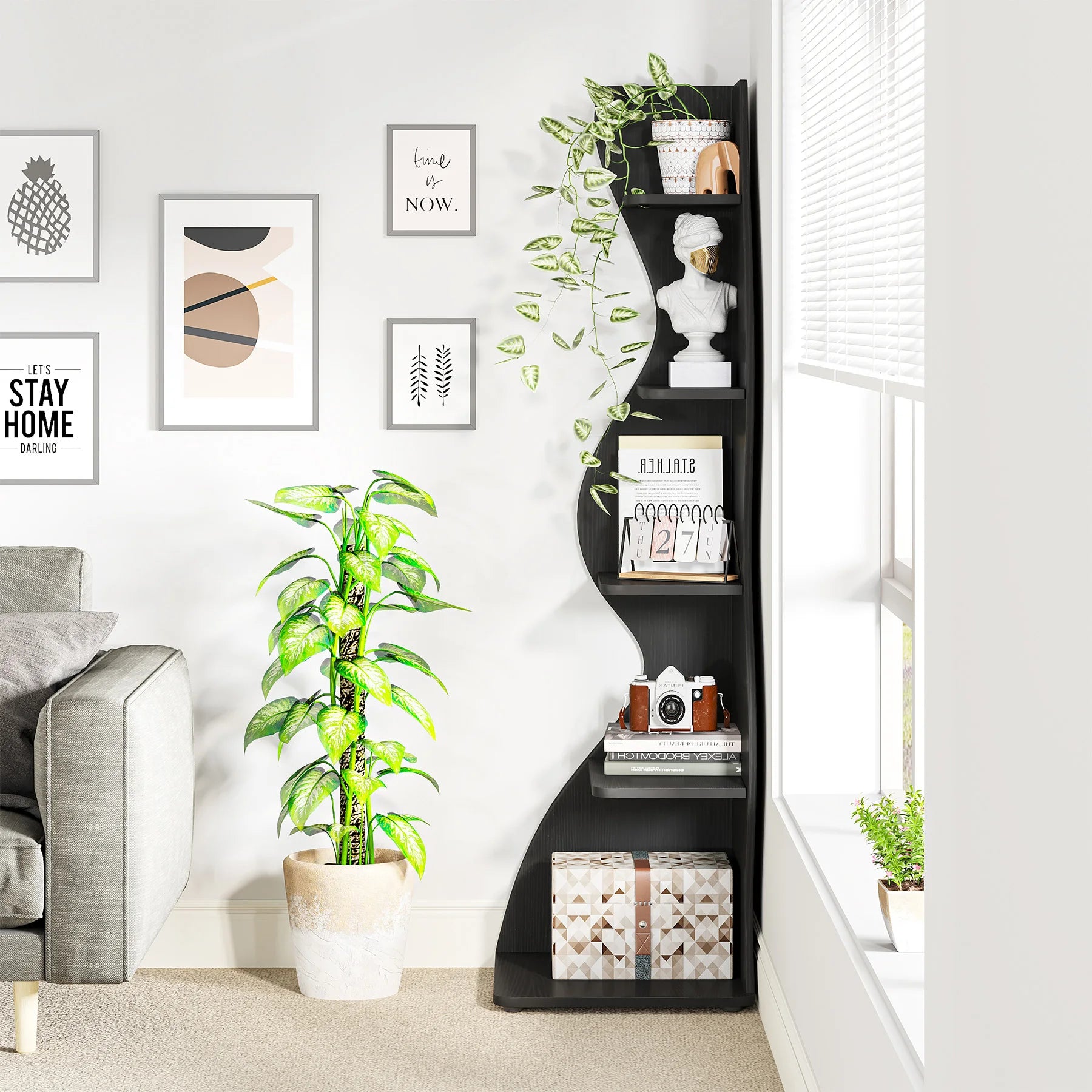 Tribesigns Modern 5-Tier Corner Bookshelf – Wall Corner Storage Rack & Plant Stand