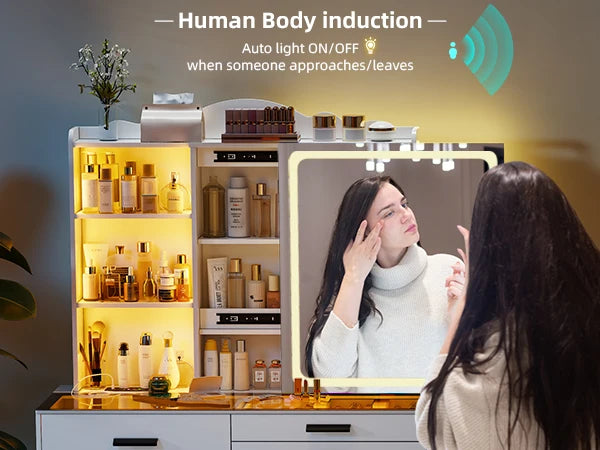 JDPAG RGB Vanity Desk with Sliding Mirror and Lights, LED Makeup Vanity with Charging Station, Glass Top Vanitys Dressing Table