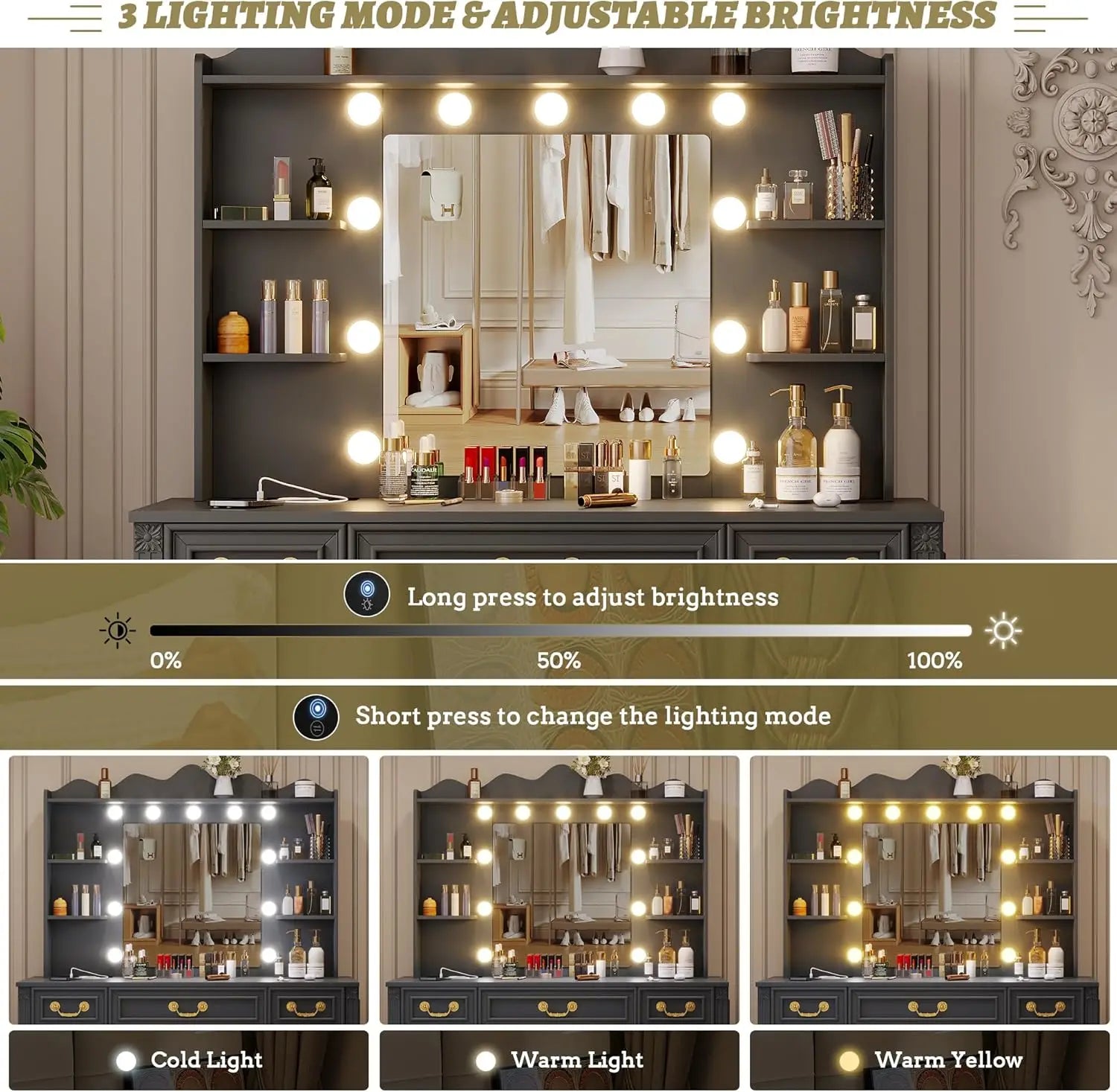 Makeup Vanity Desk with Mirror, Lights & Charging Station, 6 Drawers, Grey